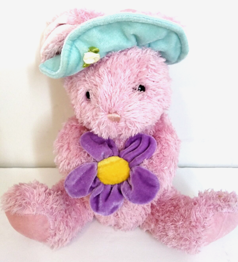 Goffa Plush Easter Bunny Rabbit Pink Purple Green With Hat And Flower In Hand