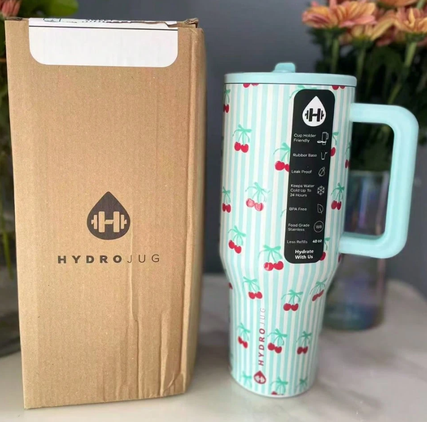 HydroJug 40oz Cherry Pattern Tumbler With Handle Stainless Steel
