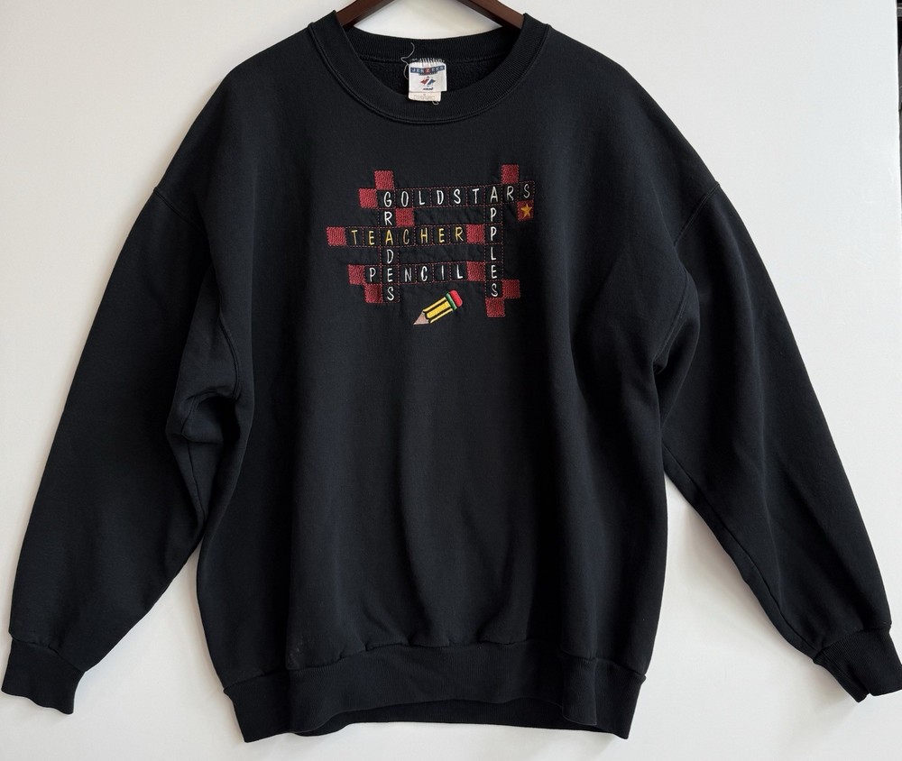 Vintage Jerzees Teachers Crewneck Sweatshirt 2X Black Embroidered Pencil Apple