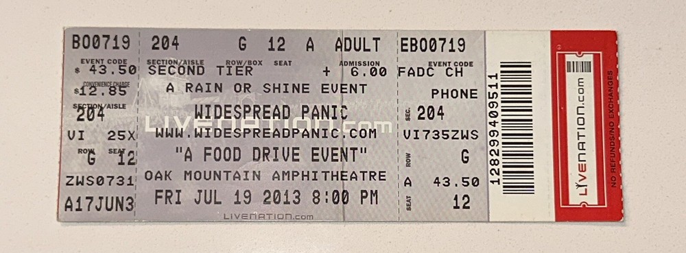 7/19/13 Oak Mountain Widespread Panic Band Concert Birmingham Music Ticket Stub