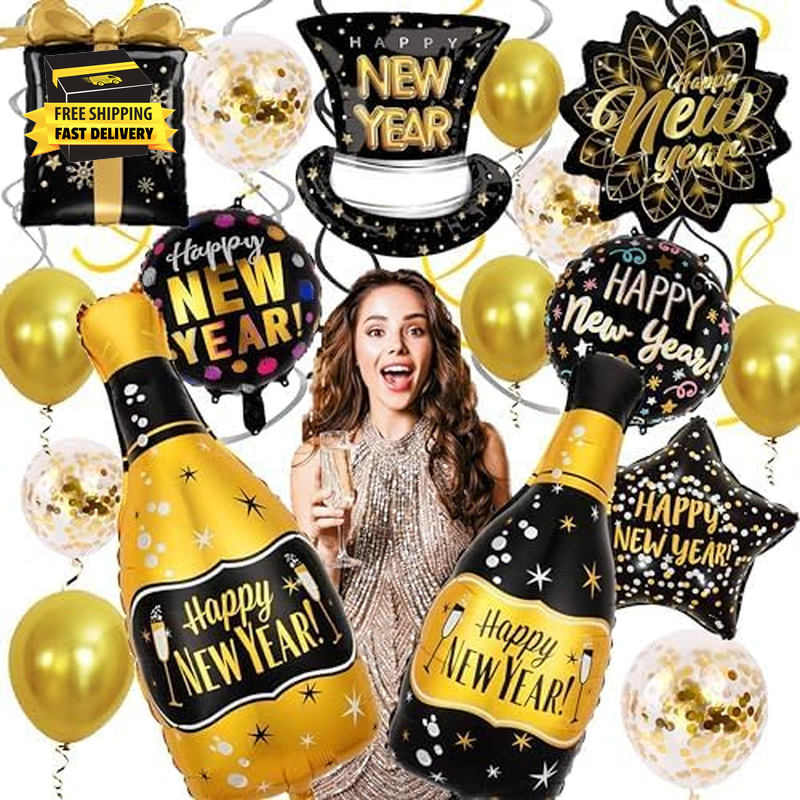 24Pcs Big Happy New Year Star Champagne Bottle Balloons-Giant round Foil Balloon-image