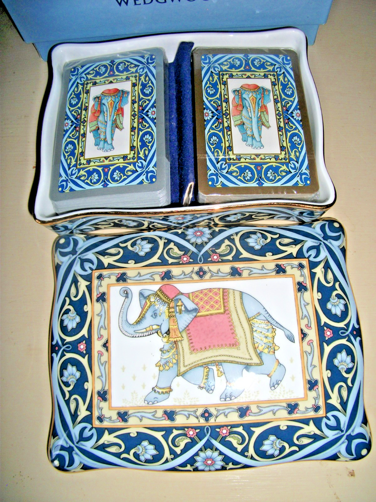 WEDGWOOD 'BLUE ELEPHANT' BONE CHINA CARD/ TRINKET BOX with 2 SETS UNOPENED CARDS