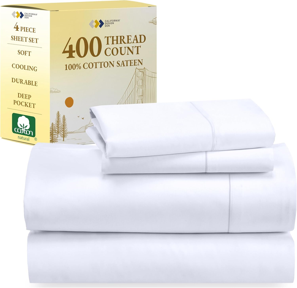 100% Cotton Sheets - 400 Thread Count Sateen Queen Sheets Set Deep Pocket, Soft