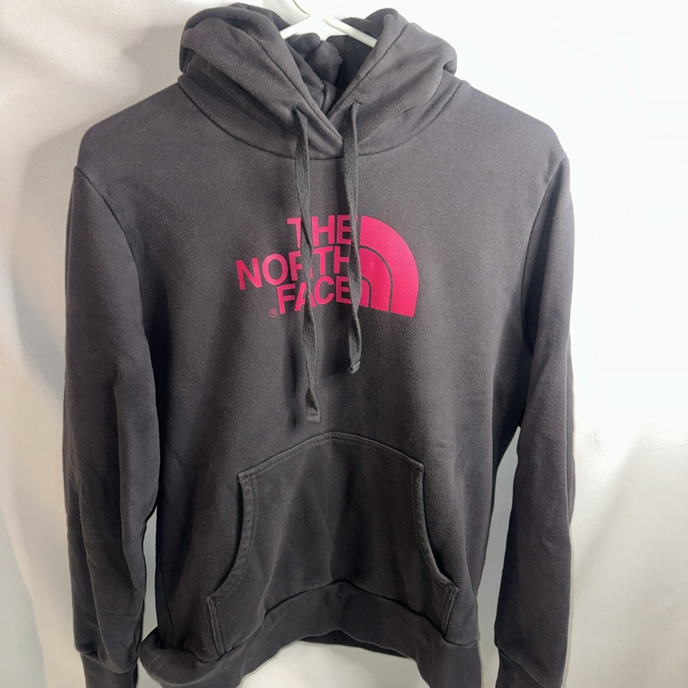 The North Face Womens Hoodie Gray Pink Logo Pullover Sweatshirt Size L