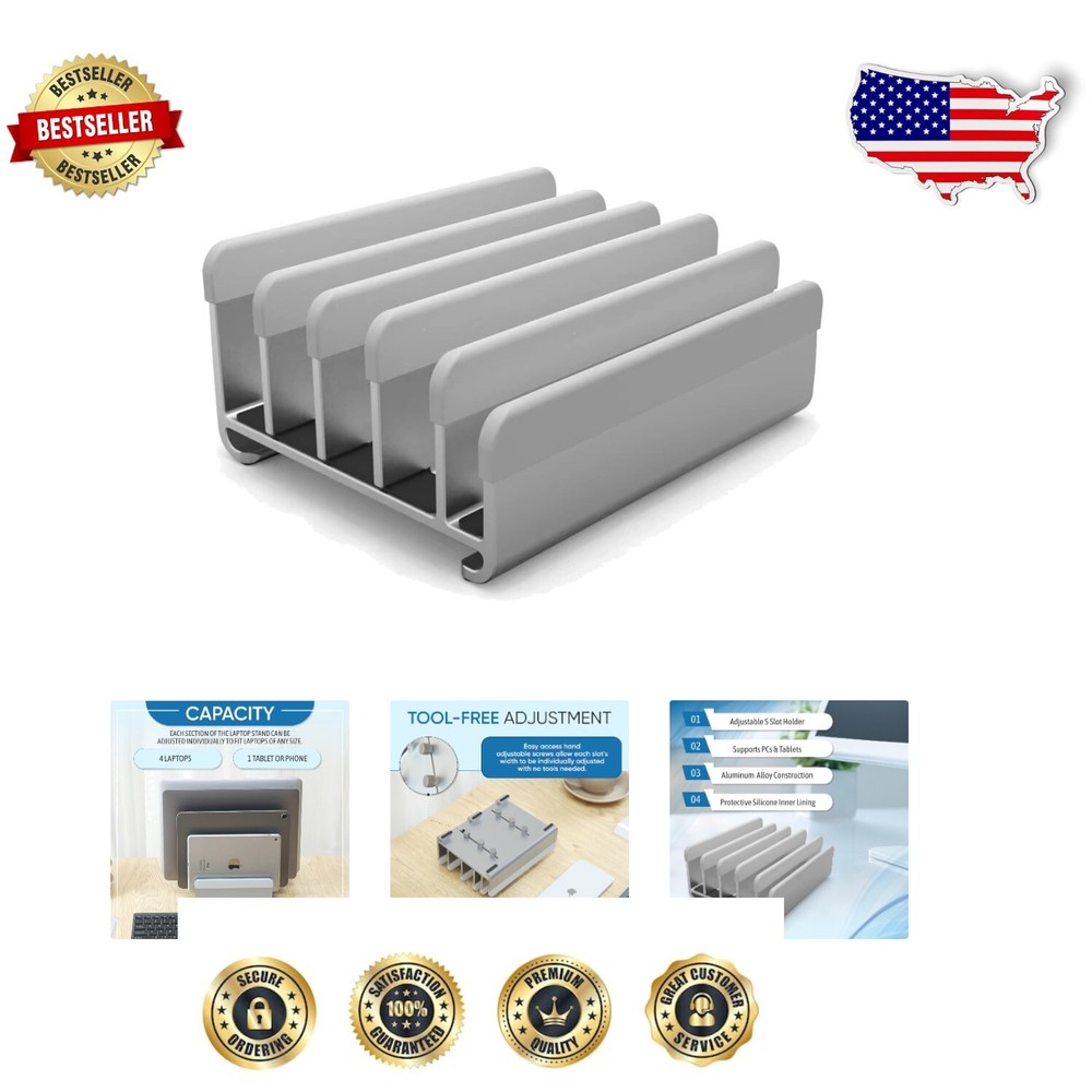 Versatile tool-free adjustable grey laptop stand holds 5 devices securely