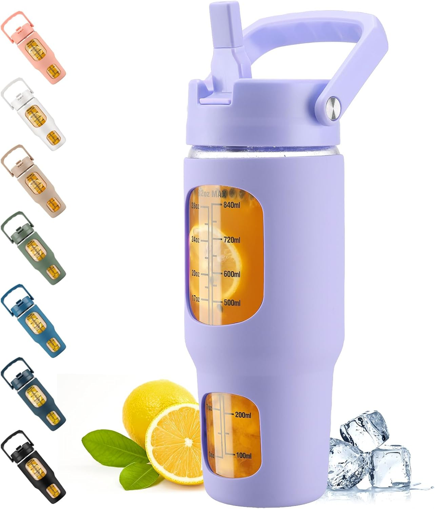 32Oz Glass Tumbler with Straw and Lid, Reusable Iced Coffee Cup with Handle and