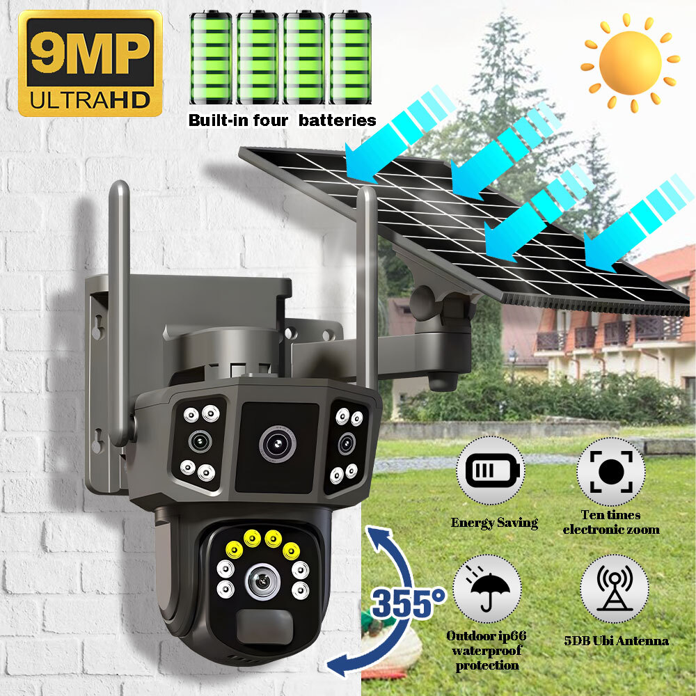 3 Lens HD 9MP WiFi Solar Battery Camera Wireless Outdoor CCTV Home Security Cam