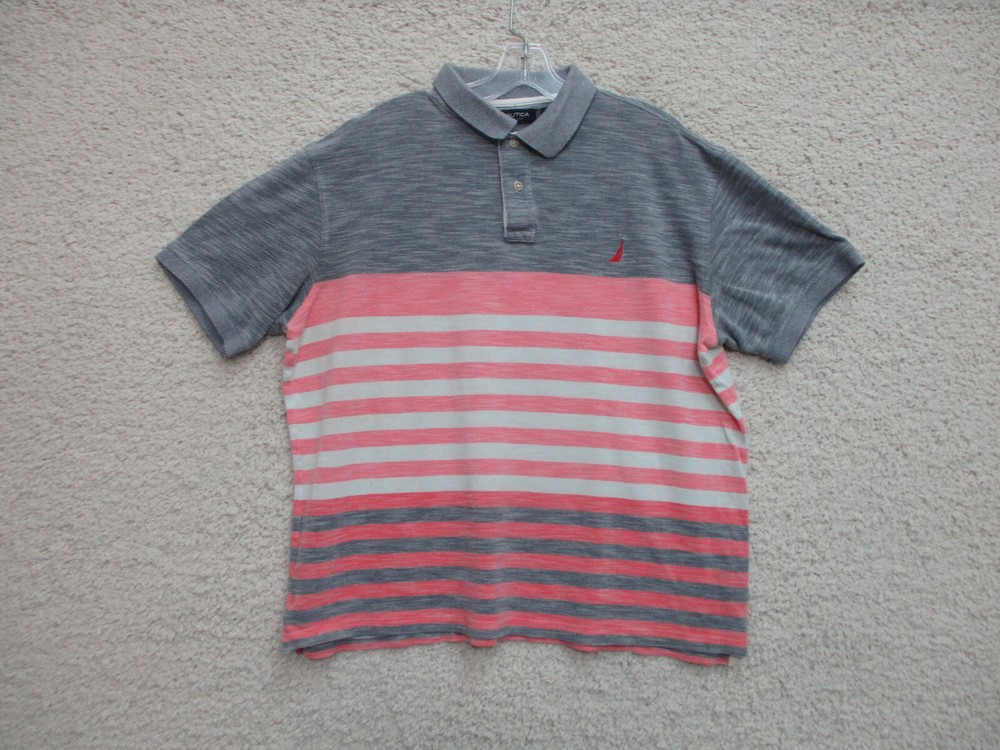 Nautica Polo Shirt Large Adult Pink Gray Striped Logo Stretch Sailing Casual Men