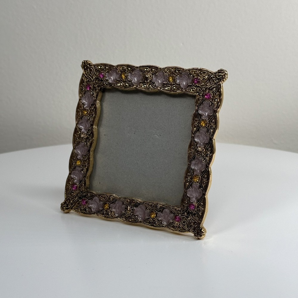 Russ Berrie Ornate Mini Photo Frame / Gold & Gemstone Accents - 3”x3”