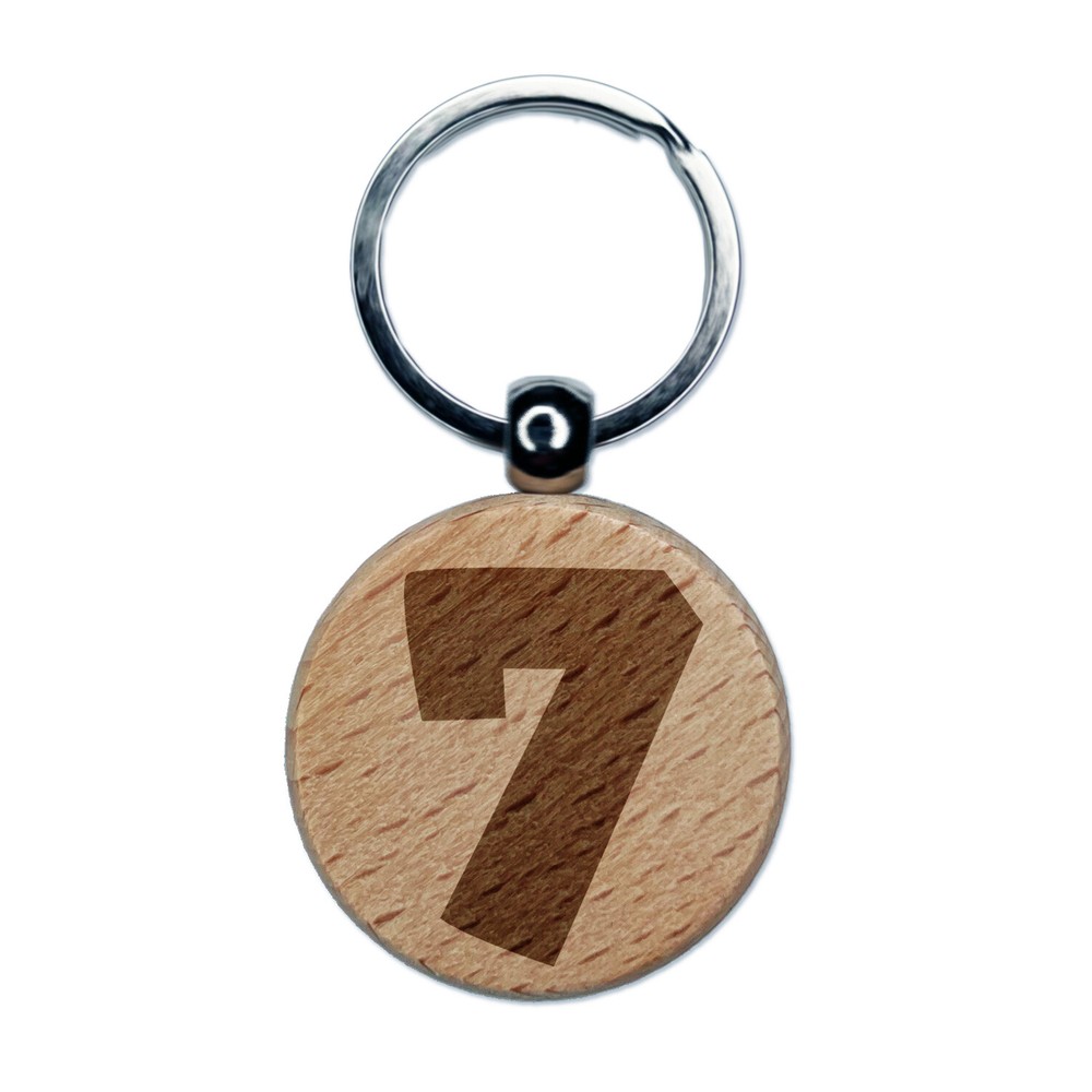 Number 7 Seven Fun Bold Font Engraved Wood Round Keychain Tag Charm