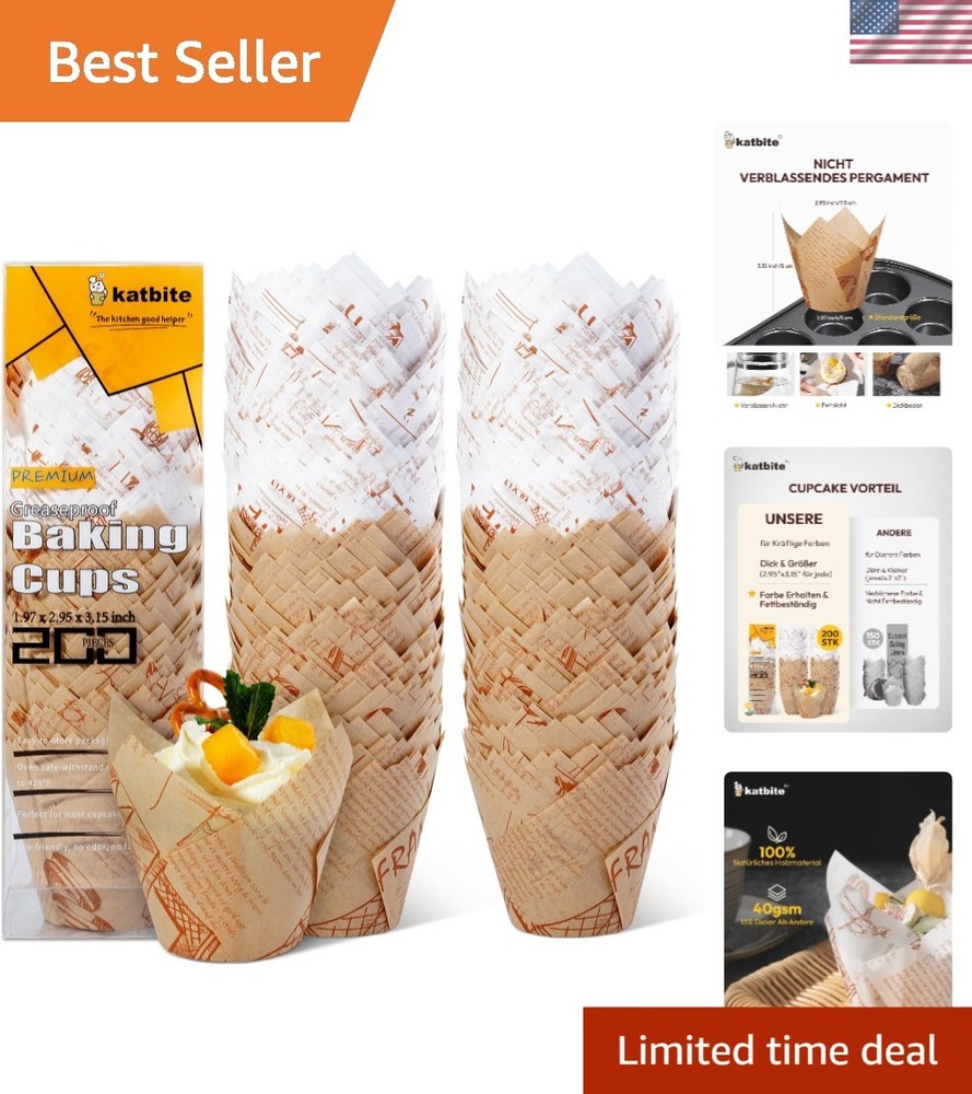 Elegant Brown-White Tulip Cupcake Liners 200PCS for Baking & Parties