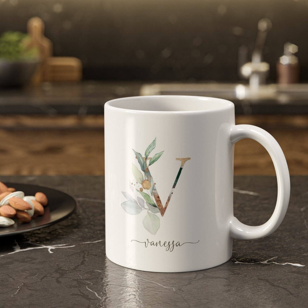 Personalized Name & Initial Letter Monogram Floral Alphabet Mug Watercolor F