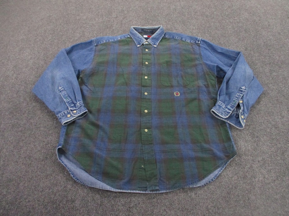 Vintage Tommy Hilfiger Mens L Blue Green Blackwatch Plaid Denim Flannel Shirt