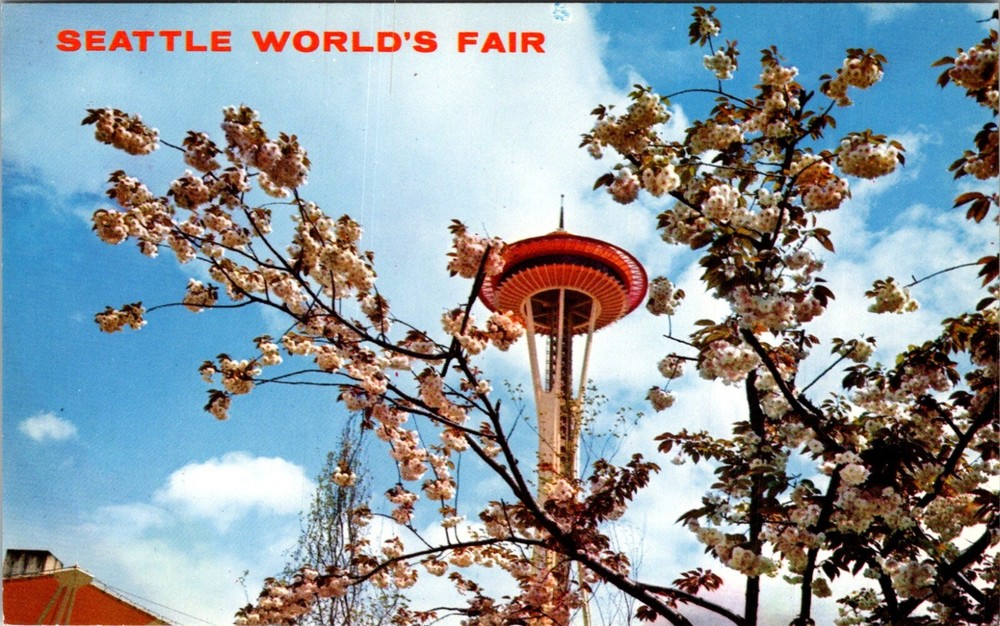1962 Seattle World's Fair Space Needle Spring Blossoms Vintage Postcard 27606