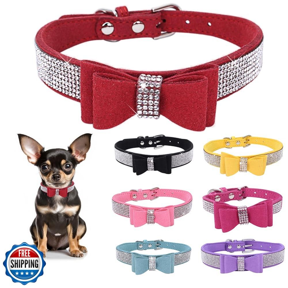 Red Rhinestone Bowtie Dog Collar for Small Pets Christmas Gift