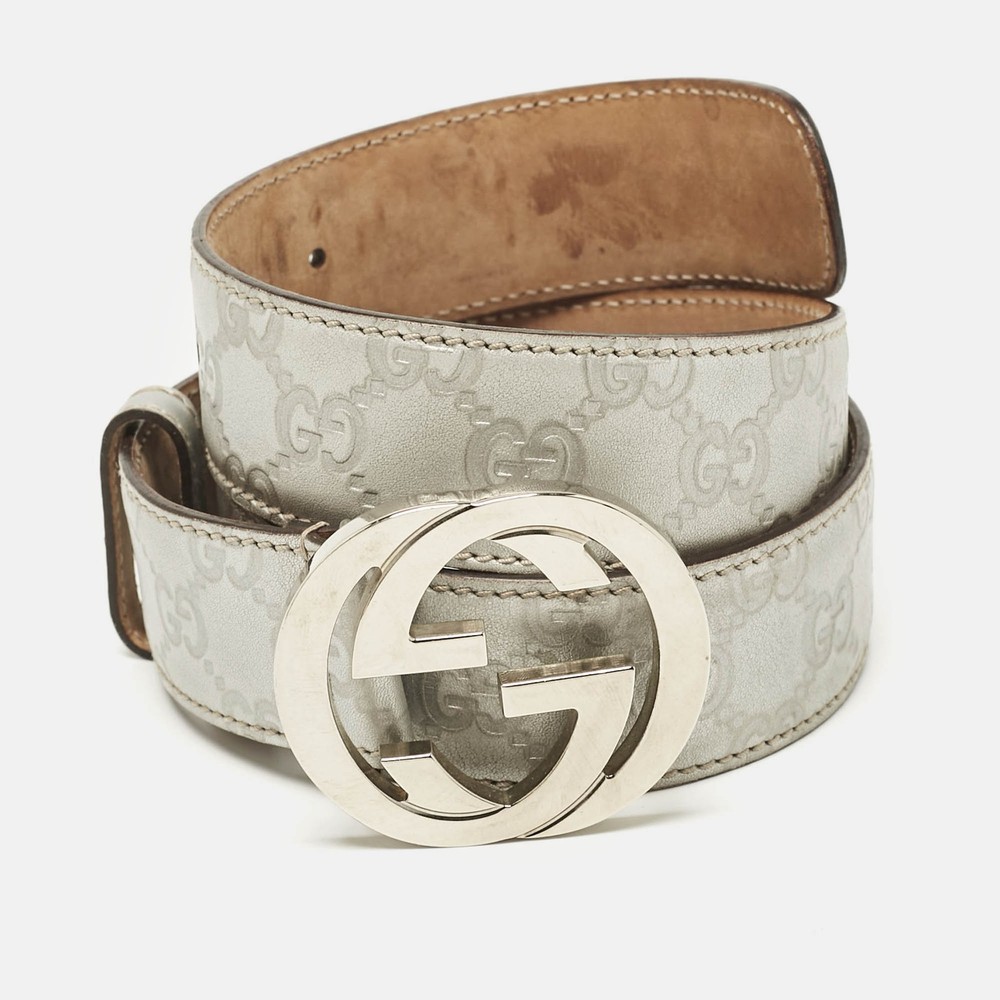 Gucci Silver Guccissima Leather Interlocking G Buckle Belt 85cm  