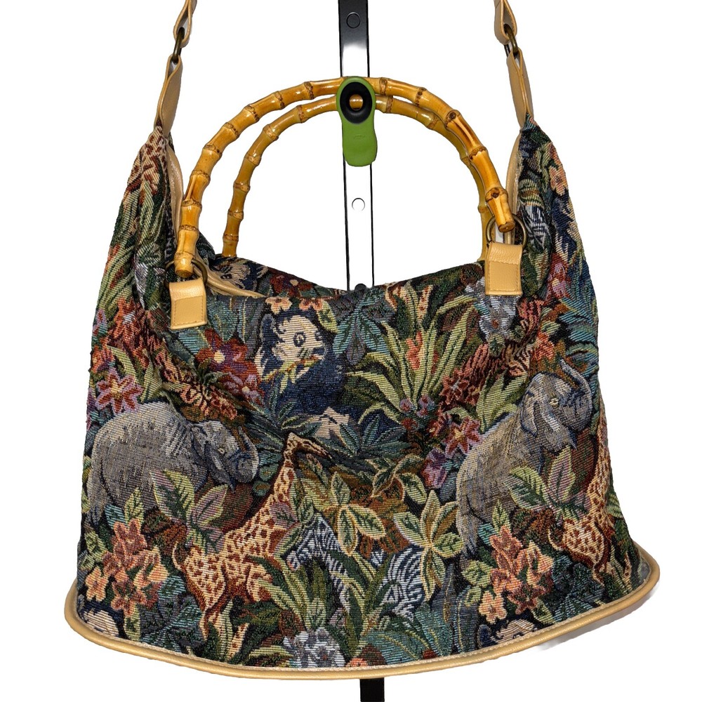 Signature Club A Safari Tapestry Tote Bag with Embroidered Detailing and Bamboo Handles