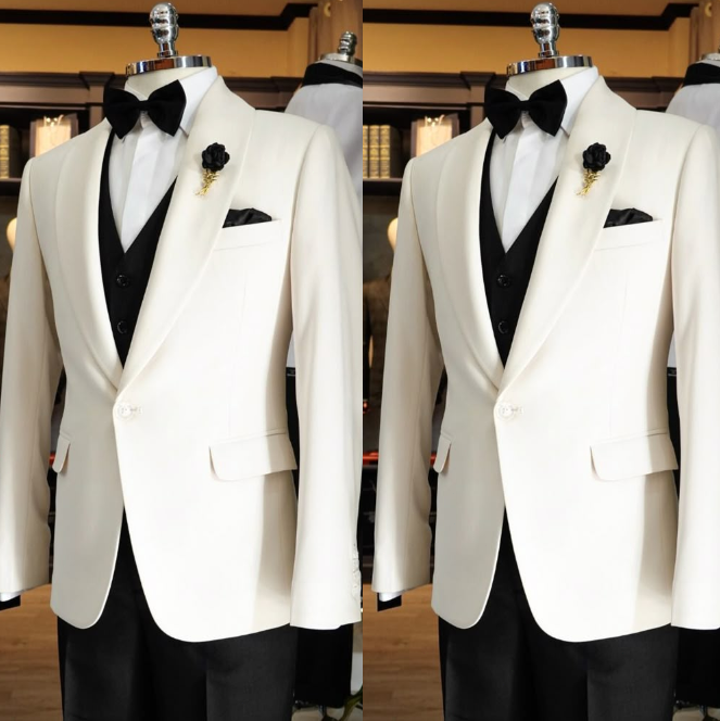 Beige Mens Shawl Lapel Suit Set for Wedding Business or Party 2 Piece Tuxedo