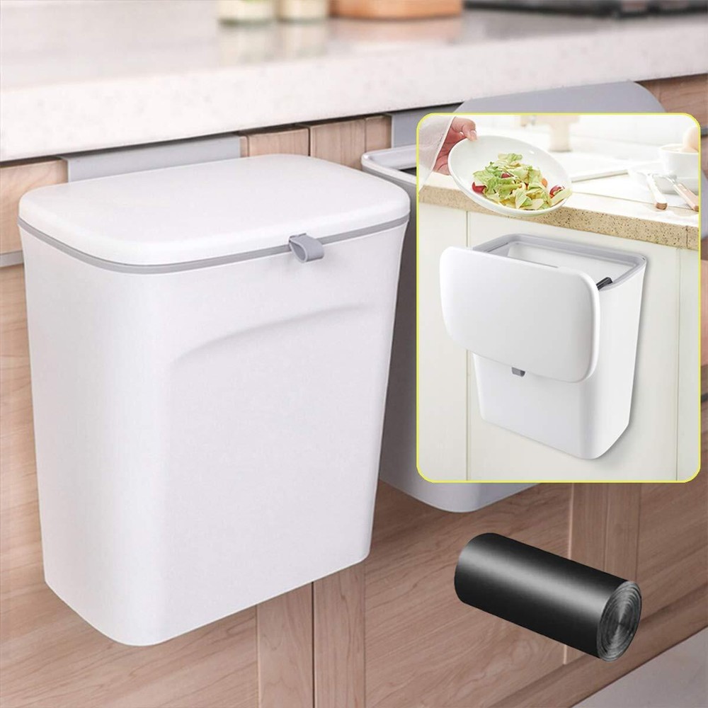 Hanging Trash Can with Lid, 2.37 Gallon Capacity, White, Polypropylene Materi...