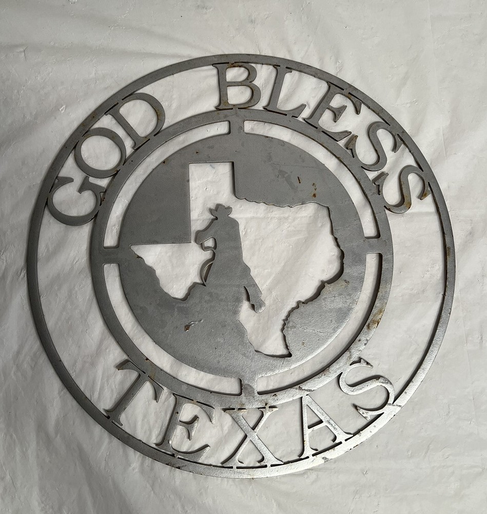 God Bless Texas Wall Plaque Steel Plate Metal Cut-Out Cowboy Texas Map  11.5