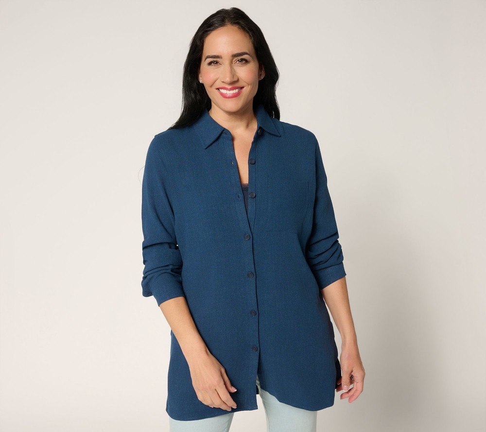 Fashion Women's Top Plus Sz 4X Regular Riviera Linen Button Up Big Blue A691840