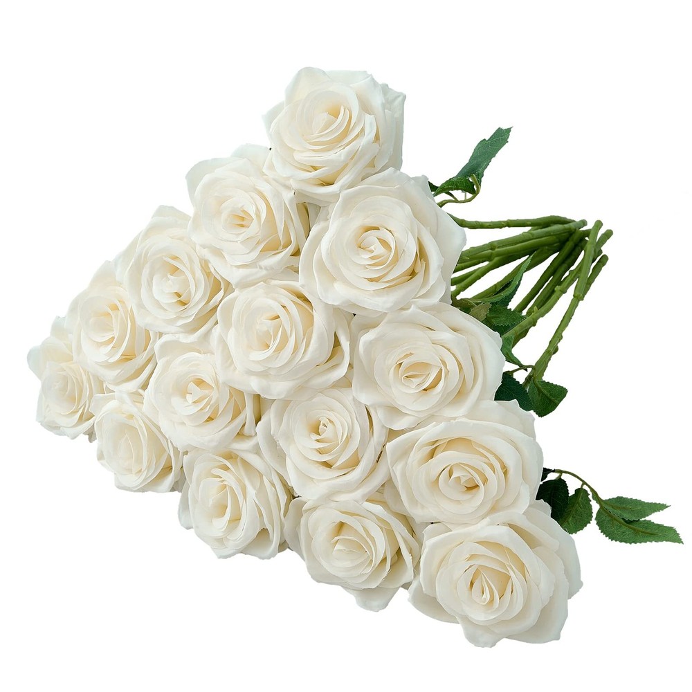 15pcs Ivory Roses Artificial Flowers Silk Fake Flowers Realistic White Roses ...