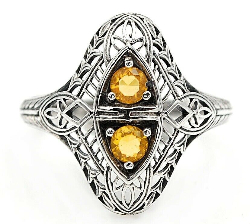 Natural Citrine Edwardian Style Sterling Silver Ring Size 9