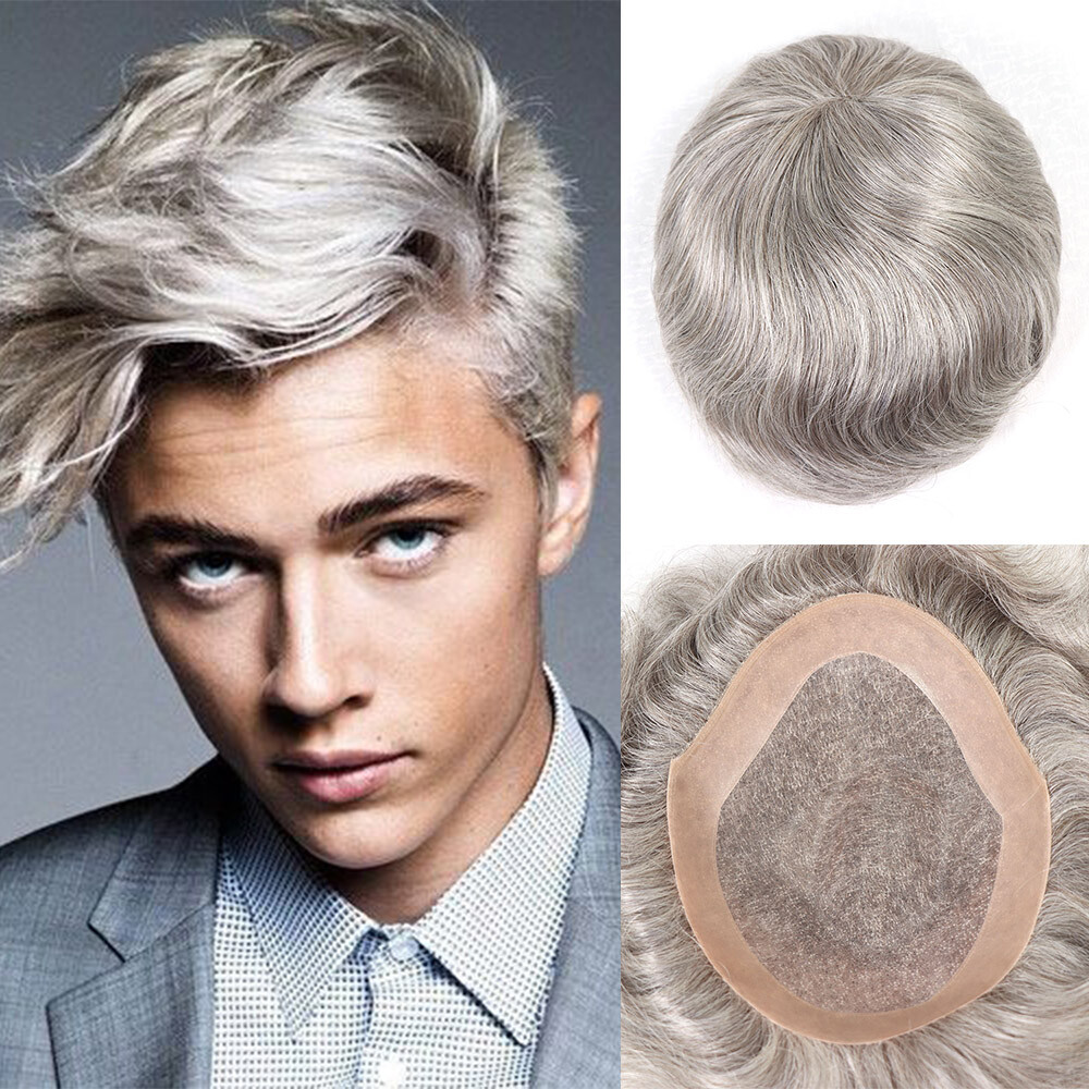 #580 Human Hair Mens Toupee Mono with Pu Replacement System Hairpiece Wig Sliver