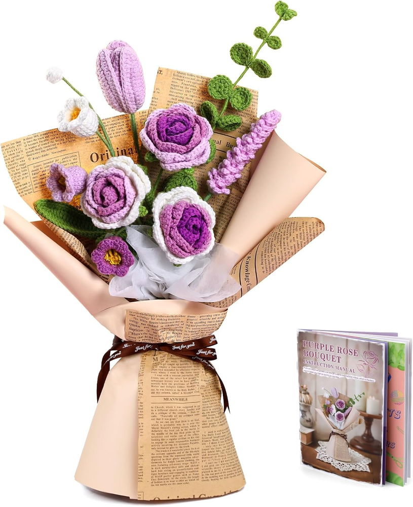 Kogyxe Crochet Kit for Beginners, Purple Rose Crochet Flowers for Adults with St