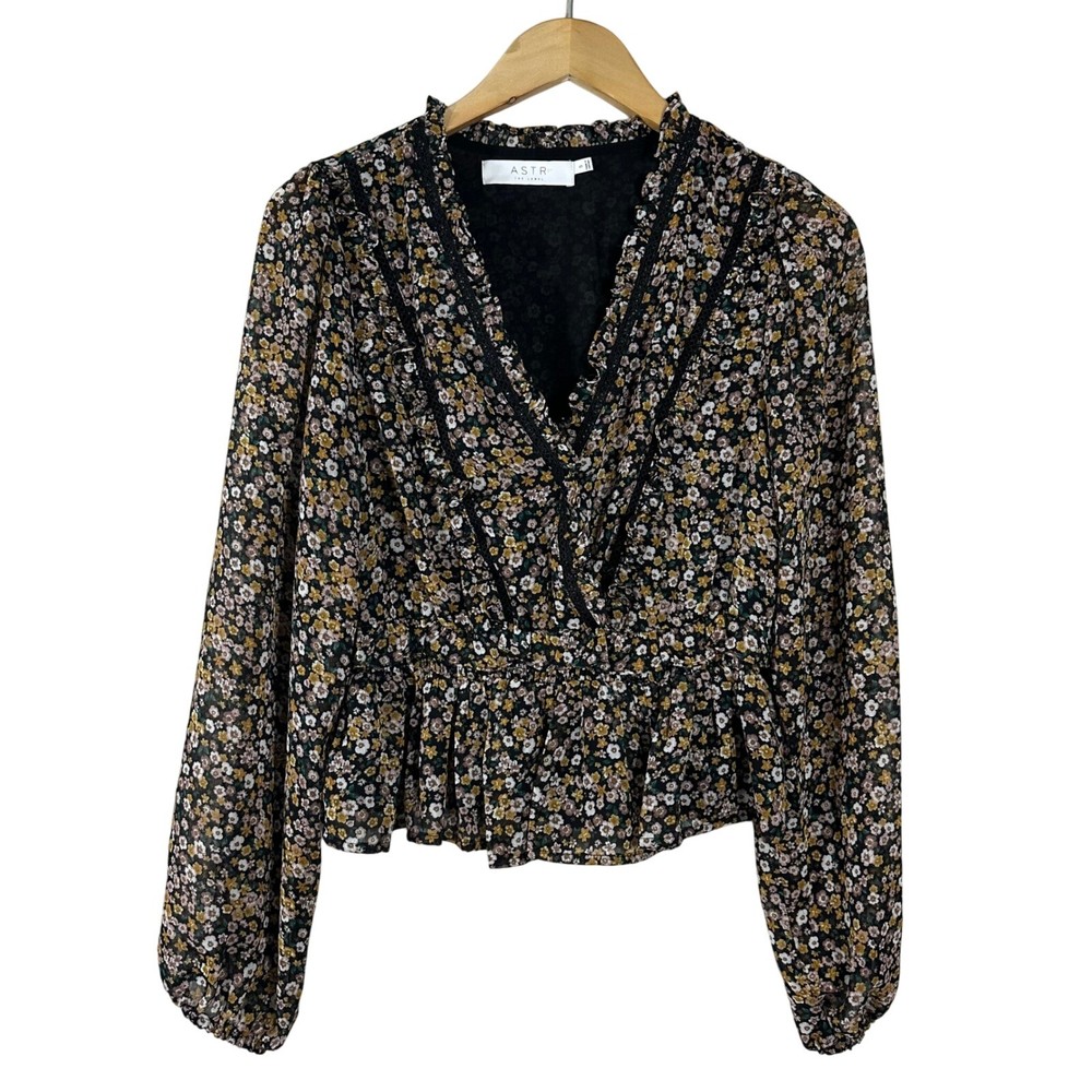 ASTR The Label Women's Top Black Floral V Neck Faux Wrap Long Sleeves Size S