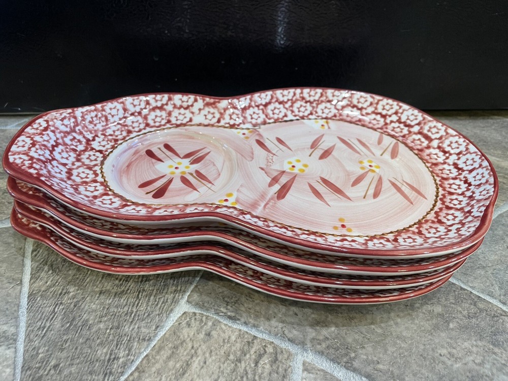 4 Temp-Tations TARA Plates Lunch Snack Tray OVAL Floral CRANBERRY PINK Old World