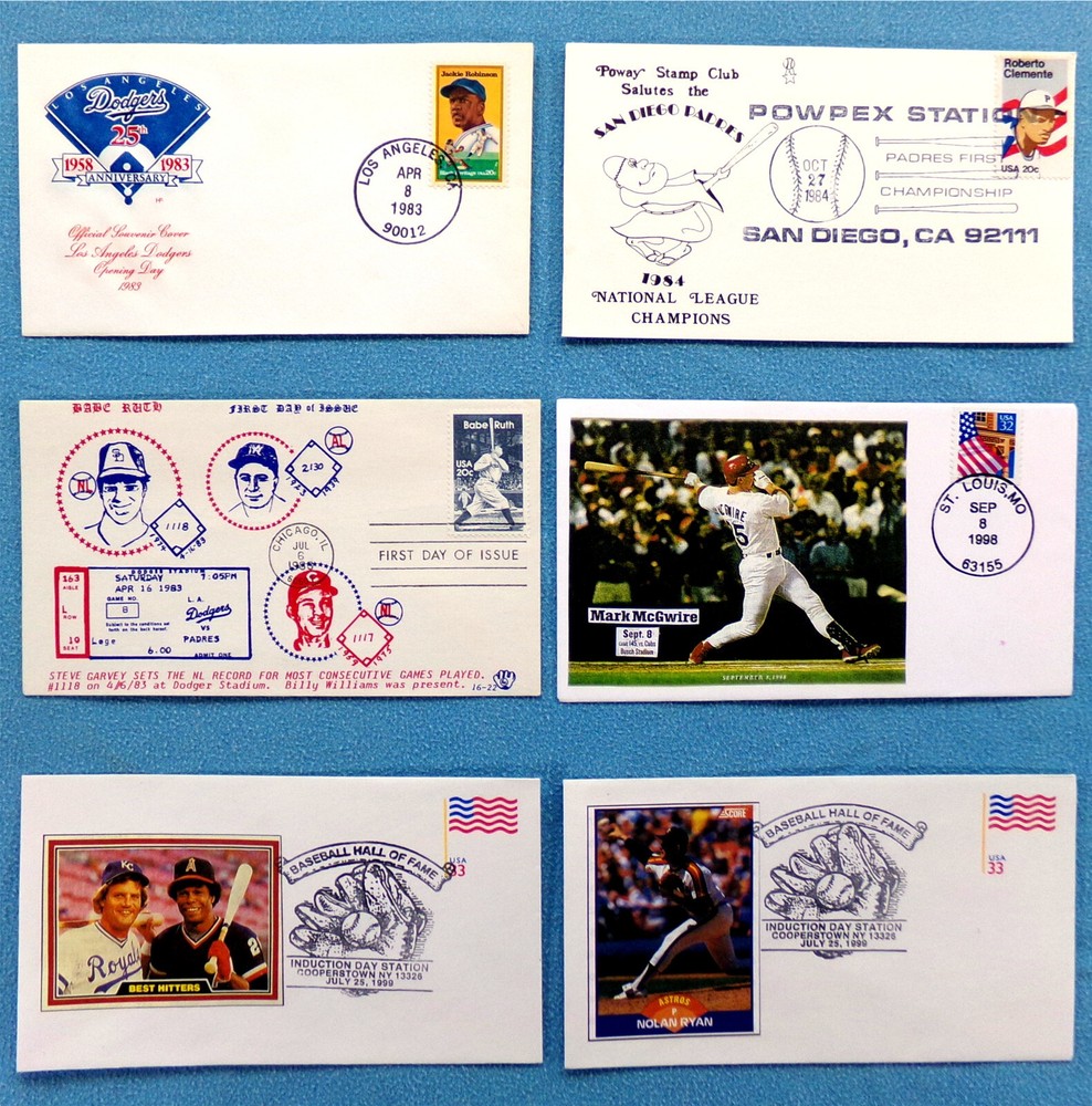 BASEBALL HISTORY: 1983-1999 FDC Cover Stamp Lot, 1st Day HOF Hall Of Fame 6x Set