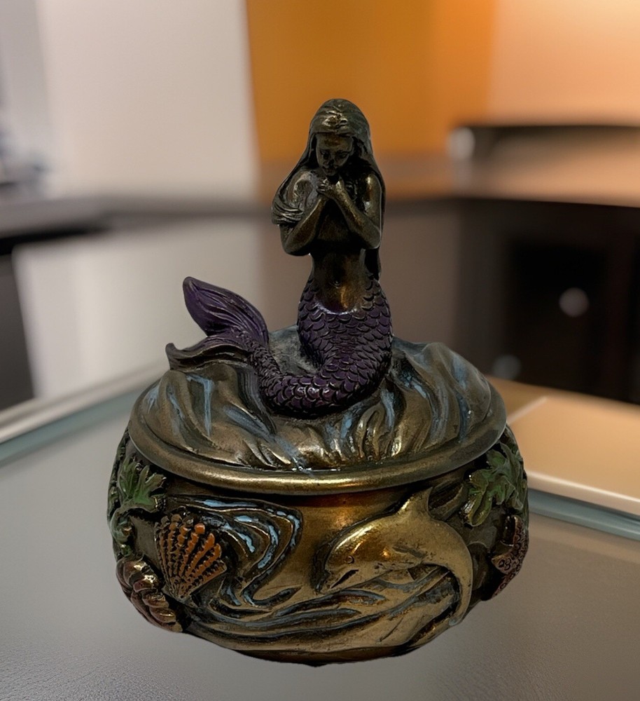 Mystical Ocean Mermaid Jewelry Box with Art Nouveau Aquatic Sea Creature Lid