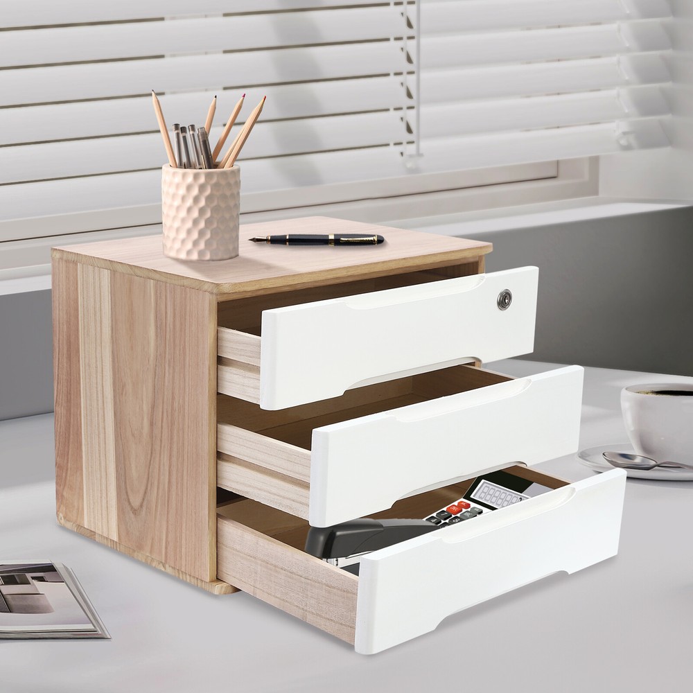Wooden Desktop Storage Box, Desk Organizer, Desktop Box with Lockable Drawers