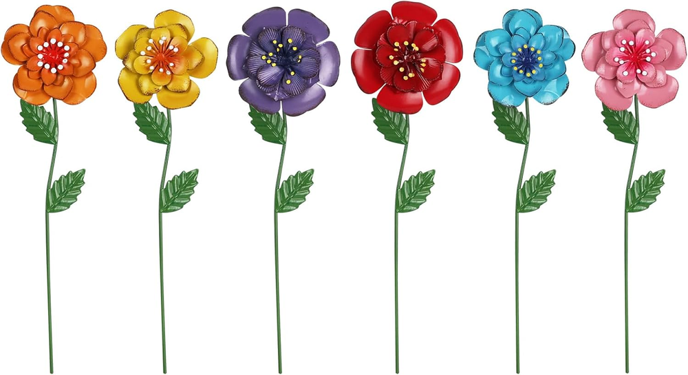 6 Metal Flower Garden Stakes Outdoor Decor Set