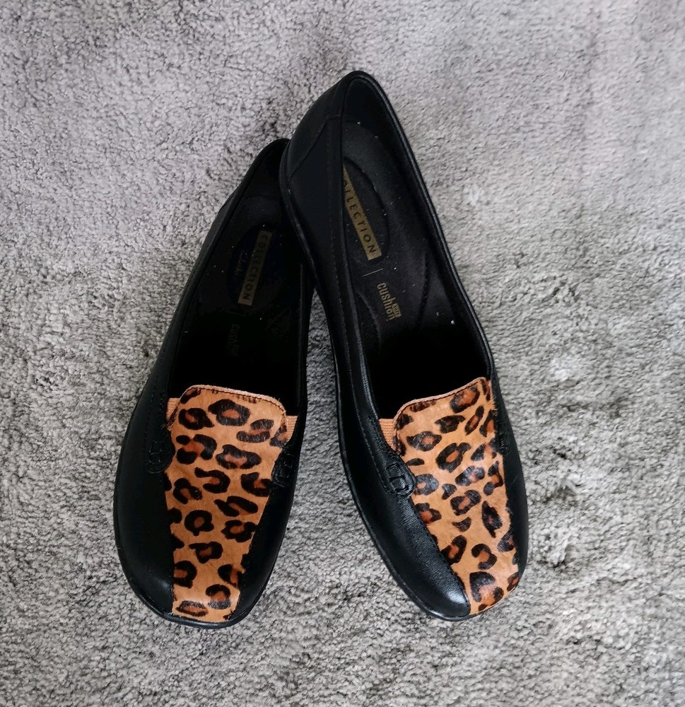 Clarks Bayou Black Leather Leopard Haircalf Loafers Womens Size 8 US