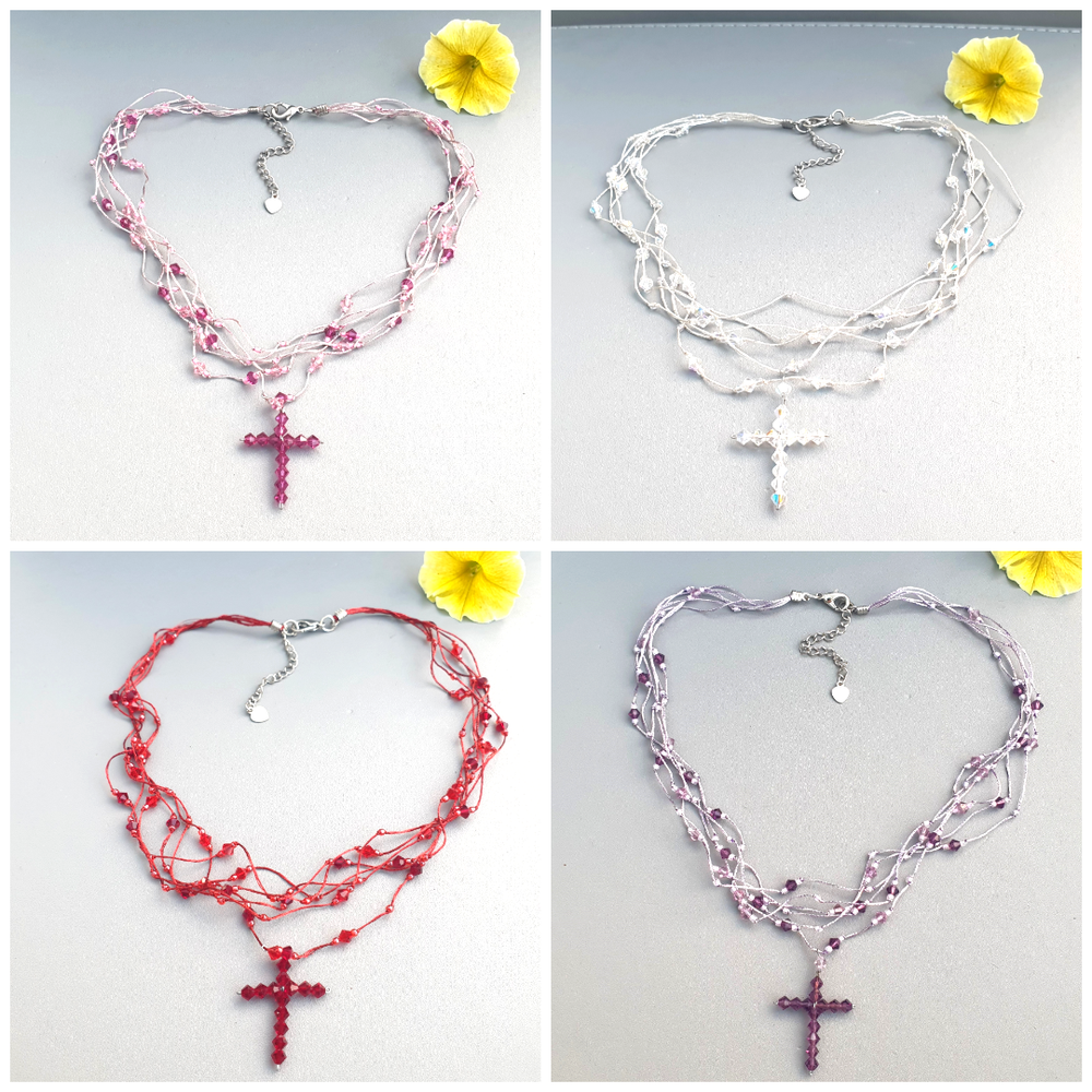 Swarovski Crystal Cross Necklace on Multi-Strand Silk Cord