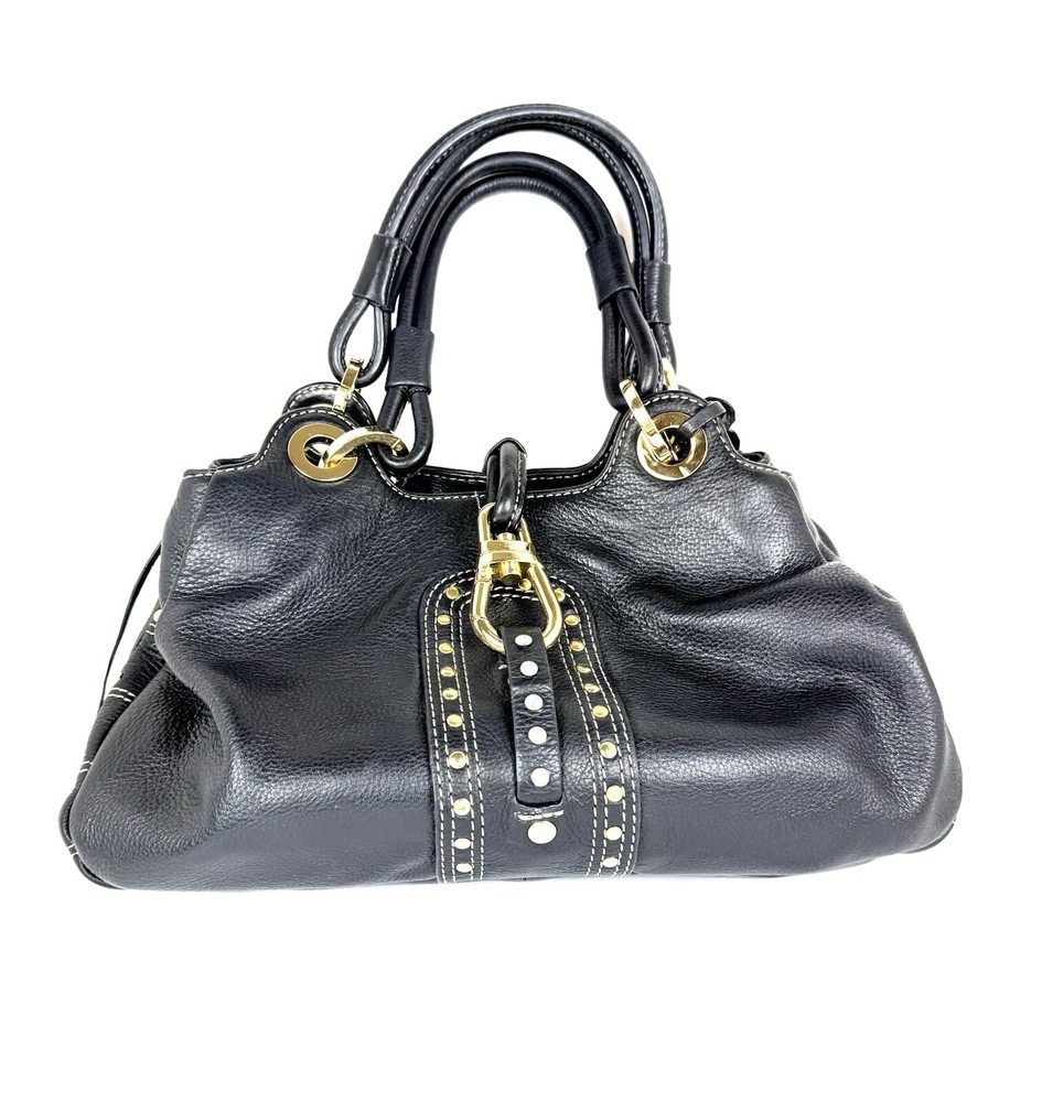 Luce Black Leather Satchel with Gold-Toned Hardware Double Strap & Rhinestone Accents
