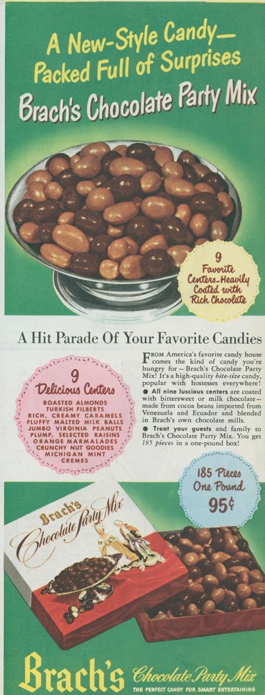 1947 Brach's Chocolate Party Mix Bowl Vintage Print Ad Hit Parade of Favorites C19