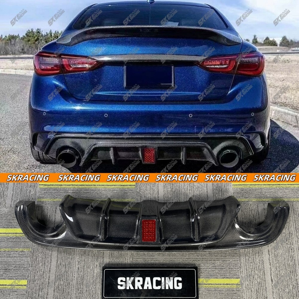 For Infiniti Q50 14-17 18-24 Real Carbon Rear Bumper Diffuser Lip Spoiler W/LED