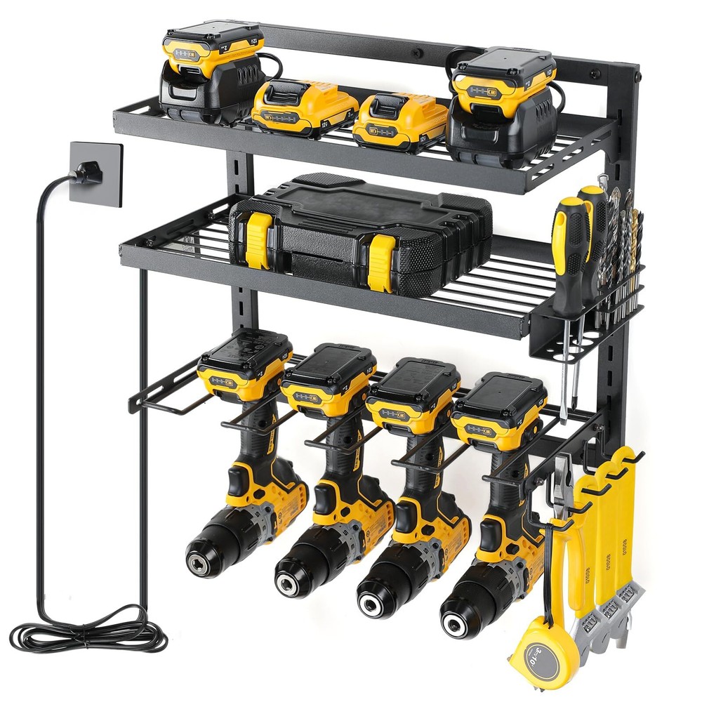 Adjustable 3-Tier Wall Mount Tool Rack Organizer with Charging Station