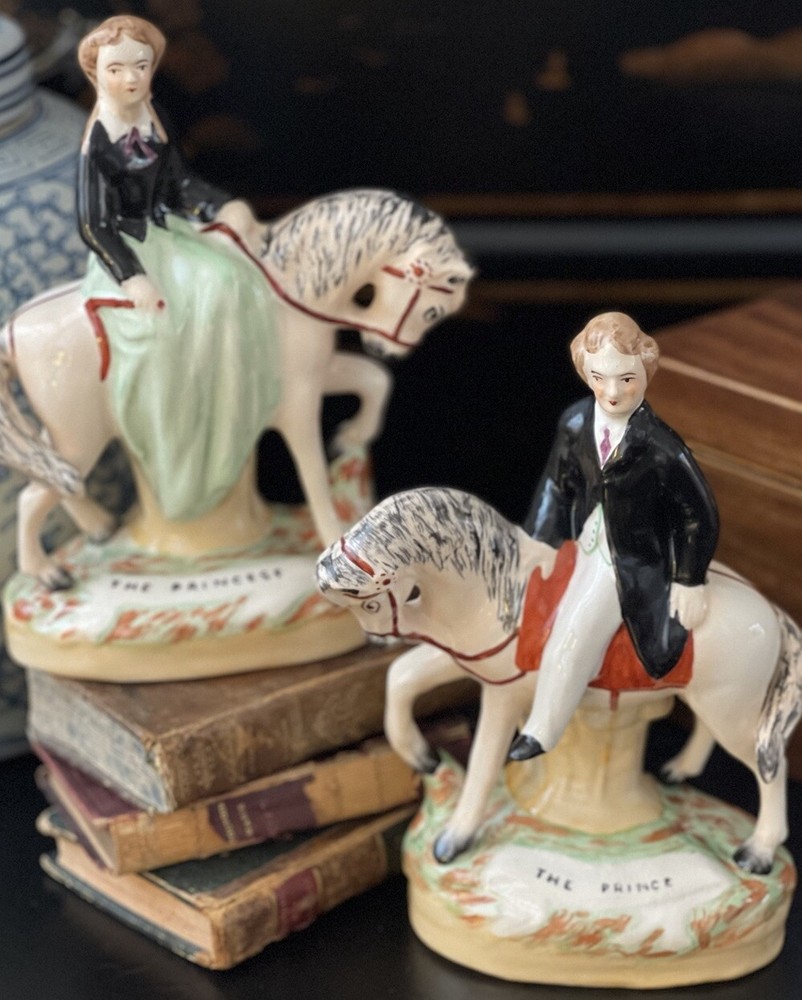 Incredible 19C English Staffordshire Equestrian Horse Prince Princess Pair 7.5”