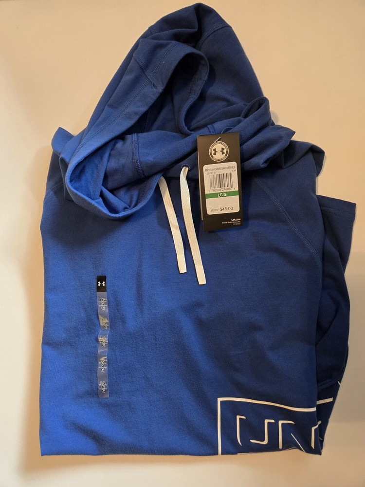 Under Armour Short Sleeve Hoodie Tee- Mens Large - Blue - Graphic Logo Tee - NWT