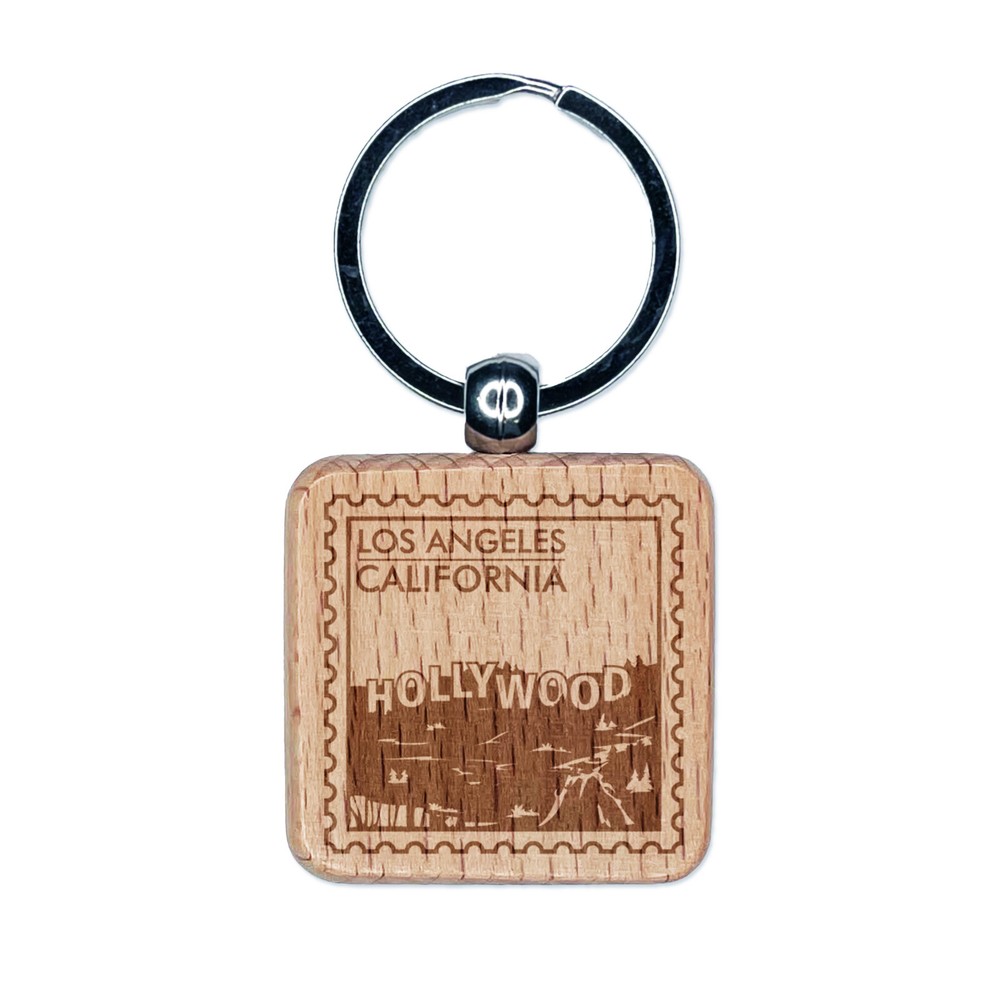 Hollywood Los Angeles California Travel Engraved Wood Square Keychain Tag Charm