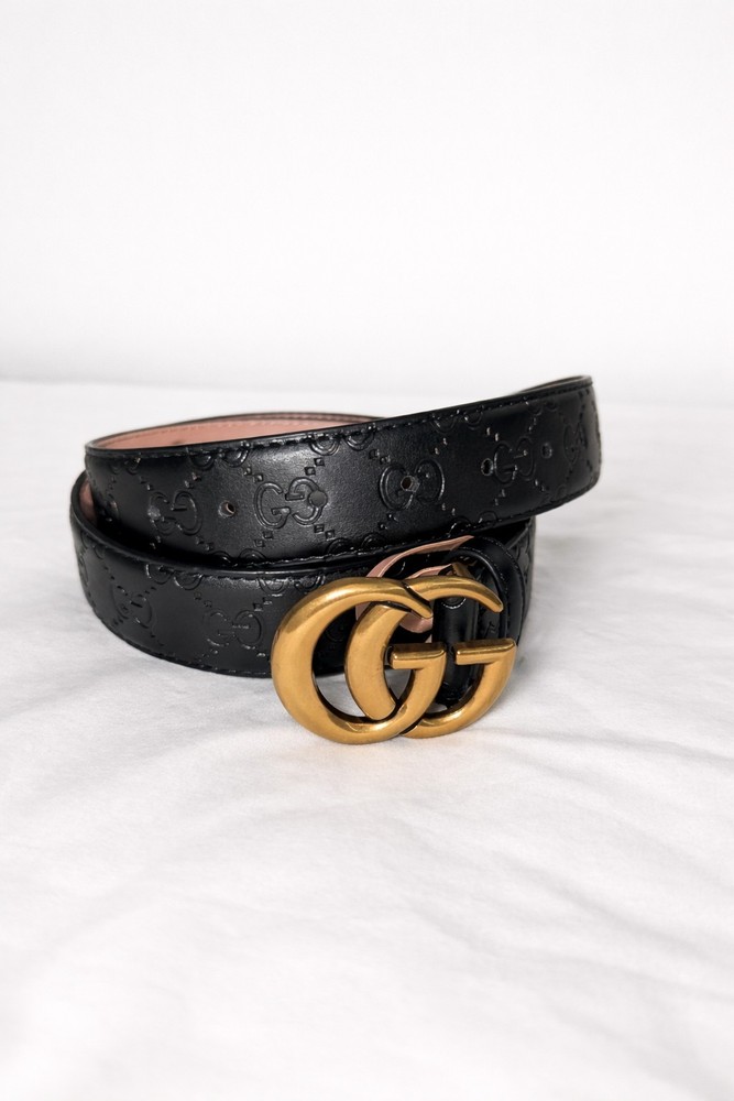 Gucci Black GG Embossed Leather Belt Double G Gold Buckle Men 110cm