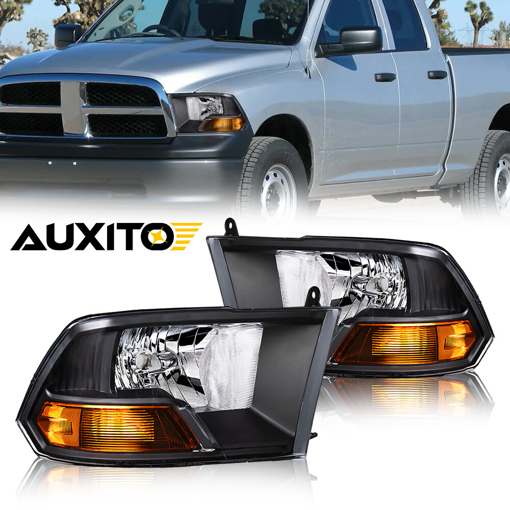 For 2009-2012 Dodge Ram 1500 2500 3500 Halogen Black Amber Headlights 2PC 12V