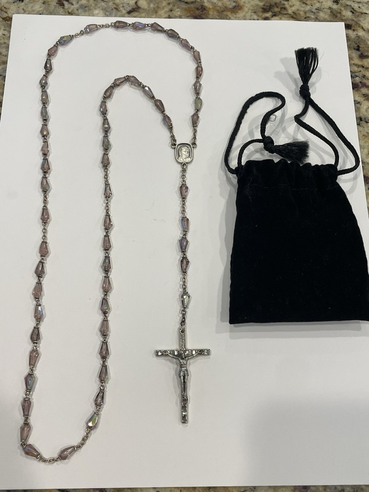 Vintage Metallic/ Multi Colored Beaded Rosary Made In Italy With Soft Pouch