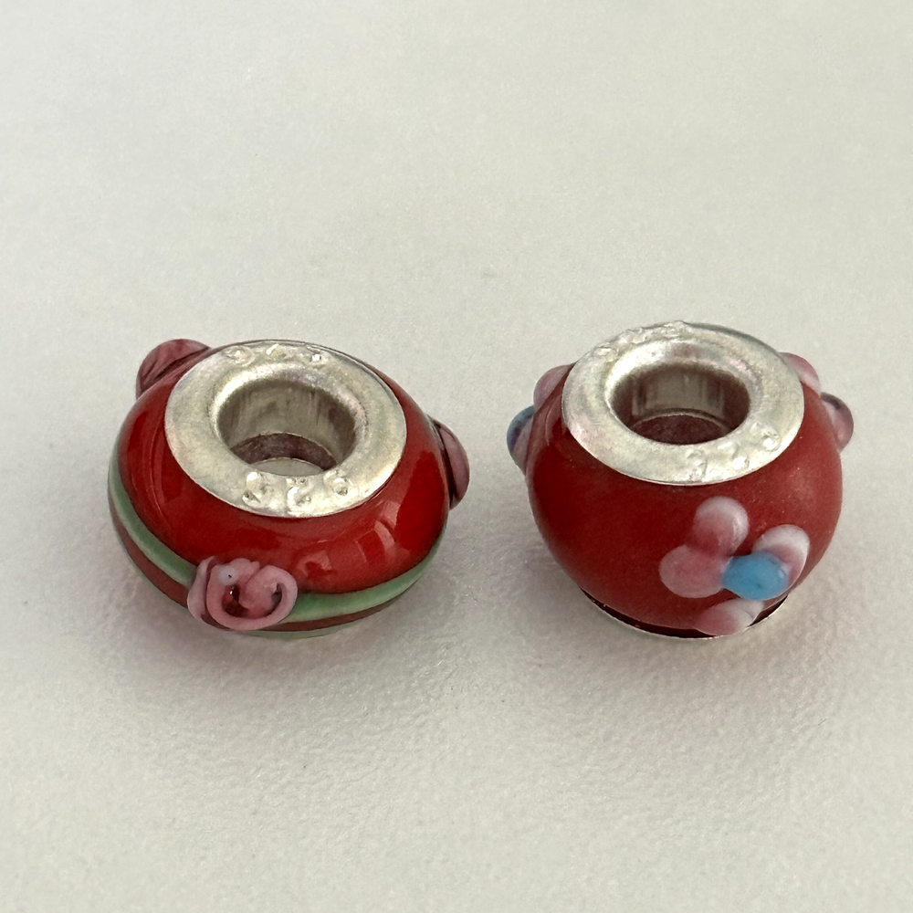 925 Sterling Silver Cherry Red Murano Glass Floral European Charms Set of 2
