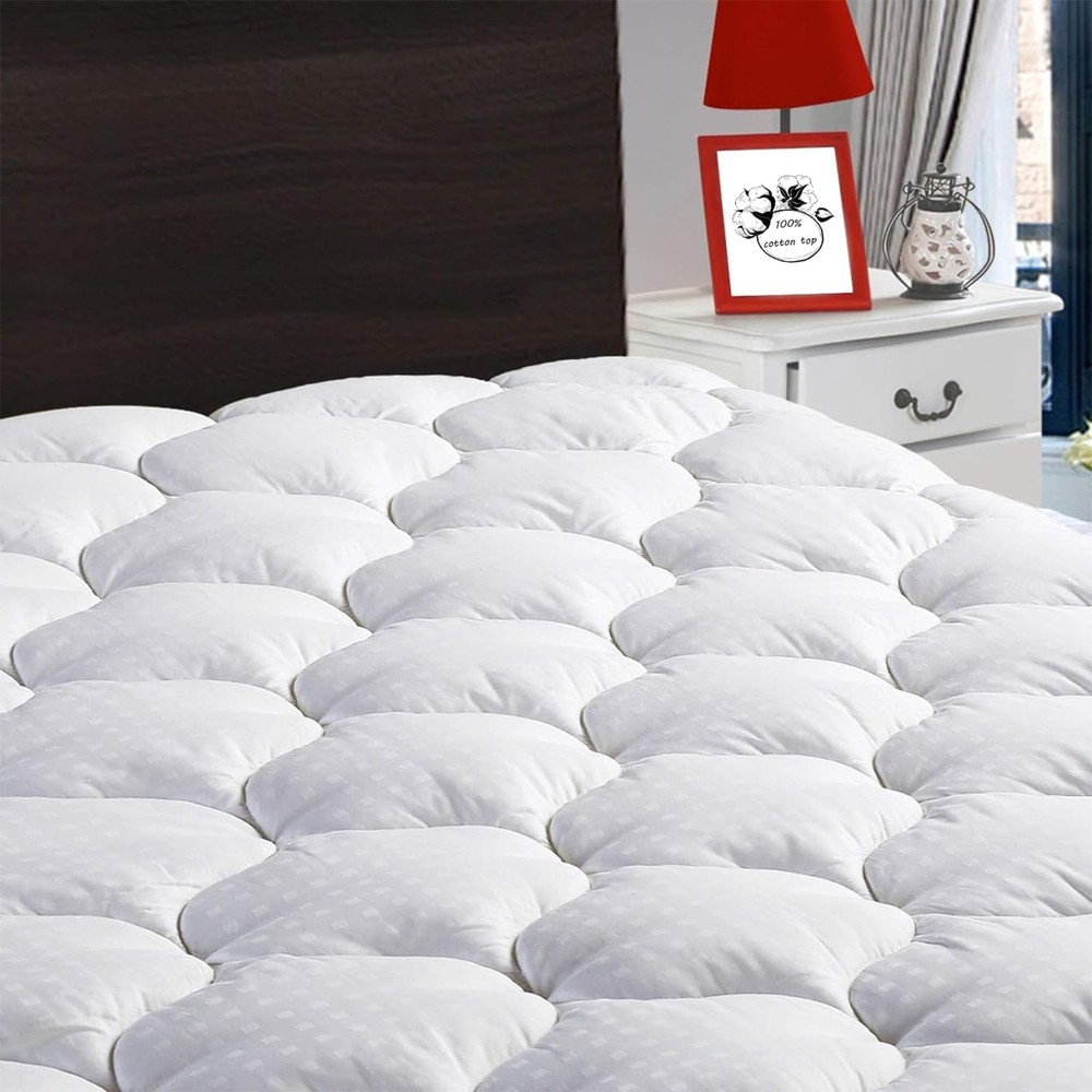 Queen Mattress Pad Fitted Quilted Cotton Mattress Cover Cooling Soft Pillow T...