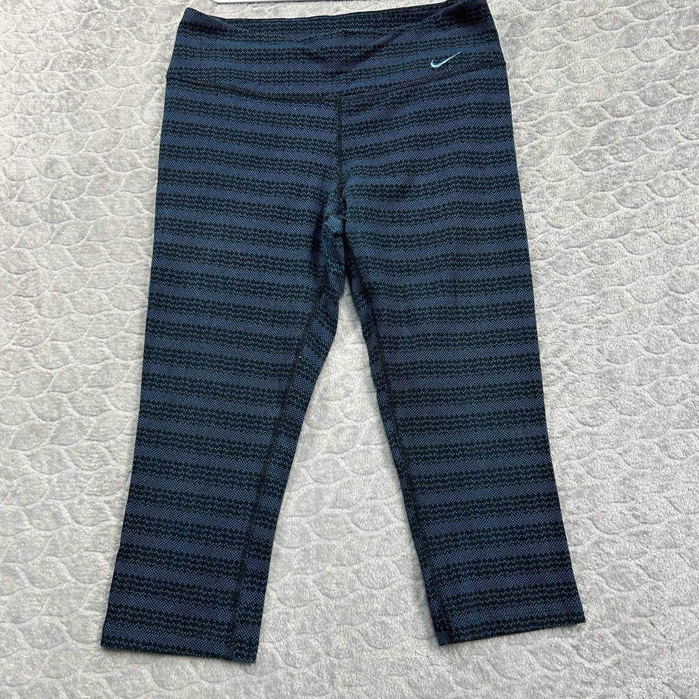 Nike Dri-FIT Women Medium Blue Black Striped Capri Leggings 725119-013 Yoga